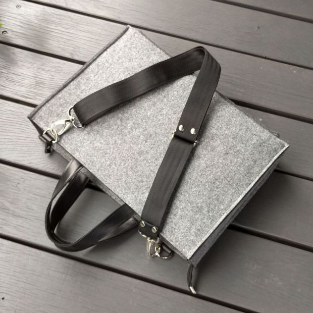 Torba na laptop - szary filc - skórzane uchwyty - torba na laptop