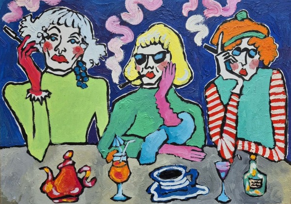 obraz olejny do salonu trzy divy plotkują