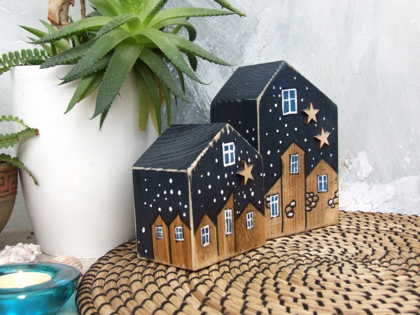 Domki dekoracyjne - 2 sztuki,  granatowo-brązowe