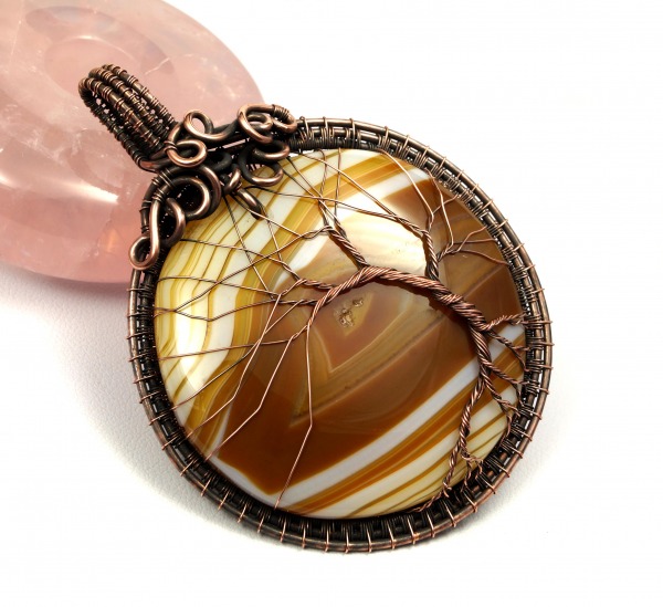 Drzewko Szczęścia Miedziany wisior z agatem brąz, ręcznie wykonany idealny prezent