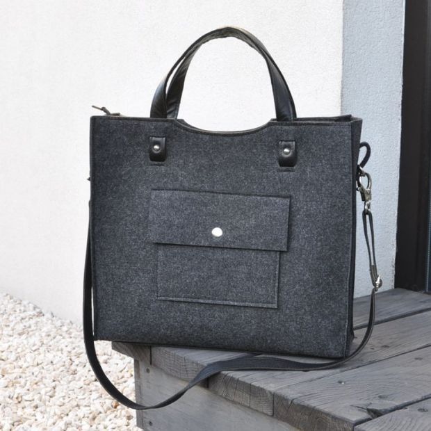 Perfekcyjna filcowa torba - skórzane rączki - grafitowa - do biura