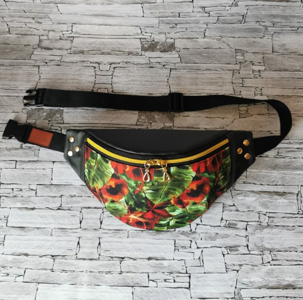 Nerka saszetka biodrowa wodoodporna handmade ekoskóra rozmiar L czerwona monstera