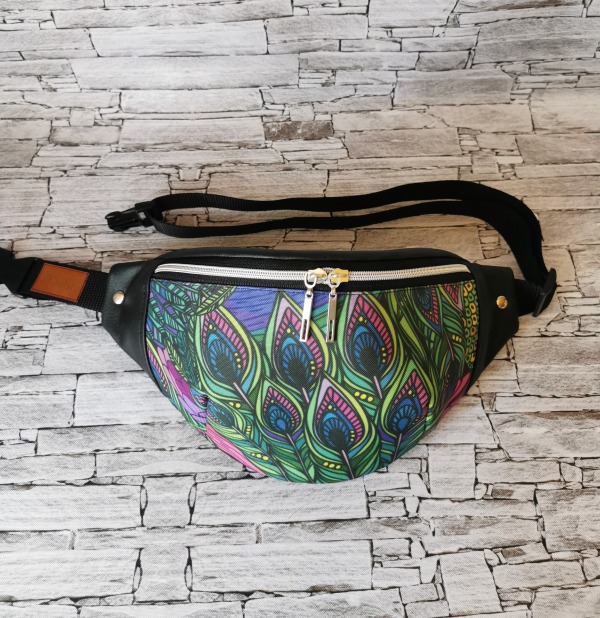 Nerka saszetka biodrowa wodoodporna handmade ekoskóra rozmiar L - pawie pióra