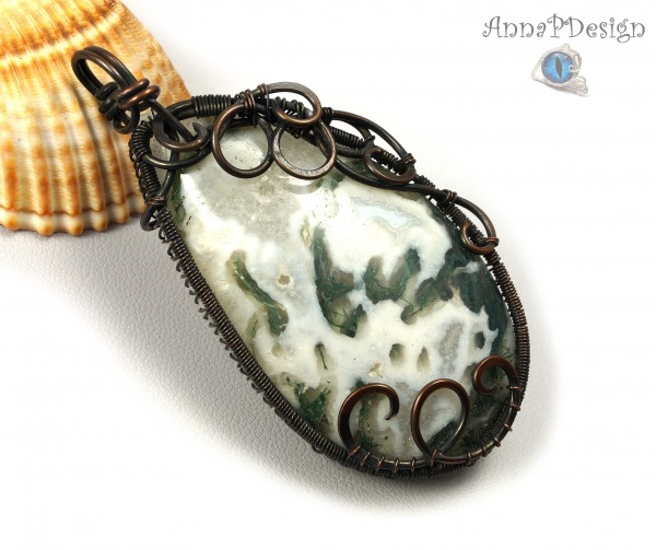 Agat,  wisior z miedzi z agatem mszystym,  ręcznie wykonany na prezent dla niej