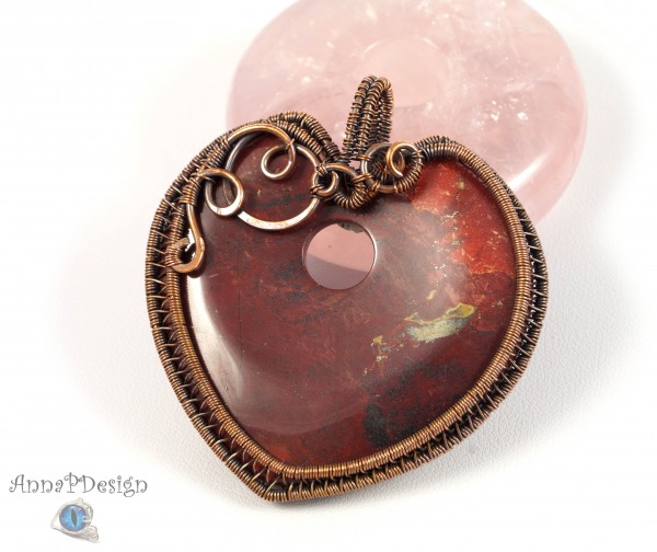 Jaspis,  Wisior z miedzi z jaspisem czerwonym serce,  dwustrony,  niepowtarzalny prezent
